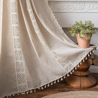 Sutuo Home Boho Curtain Semi-Blackout Crochet Hollow Lace Patchwork with Textured Linen Fabric, Handmade Tassels Rod Pocket Bohemian Window Drapes for Living Bedroom, 59" W x 84" L, 1 Panel