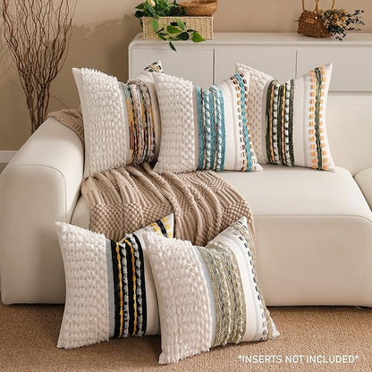 Boho Chenille Tufted Couch Throw Pillow Covers 18x18 Inch Set of 2 Farmhouse Striped Decorative Pillow Covers Accent Neutral Pillowcase Black Yellow Cushion Cover for Living Room Sofa Bed