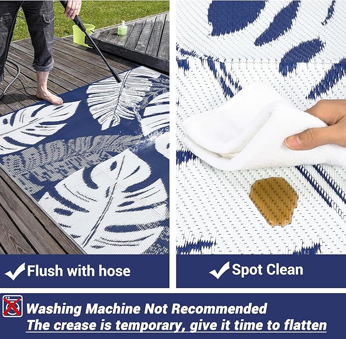 GAOMON Patio Rugs Outdoor 8x10 Waterproof Reversible Plastic Straw Rug Modern Patio Carpet, Foldable Lightweight RV Camping Mat with Portable Bag & 4 Stakes, UV Resistant & Sturdy for Picnic, Blue