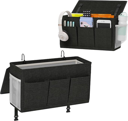 Dual-purpose Bedside Caddy Bedside Organizer, Bed Caddy with 6 Pockets, Versatile Bedside Storage Solution Magazine Remotes holder, ideal for Home, Dorm, Hospital, Crib Bed (Black 2 pcs)
