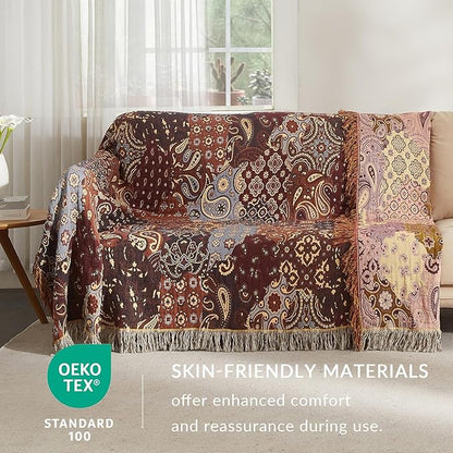 Boho Throw Blanket for Couch Sofa Bed, 100% Cotton Woven Quilt with Tassel 80”x90”, Super Soft Muslin Blanket with Patchwork Printed, Decorative Reversible Bed Blanket/Cover for All Seasons