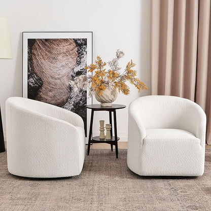 KINWELL 32" Wide Modern Boucle Swivel Barrel Chairs Set of 2, No Assembly Round Upholstered Swivel Accent Armchairs for Living Room, Bedroom (White)