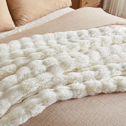 JELLYMONI Faux Fur Throw Blanket, White Fuzzy Cozy Plush Bubble Bed Blanket, Thick and Warm (50" X 60")