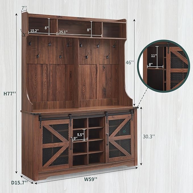 JXQTLINGMU 59" Farmhouse Hall Tree with Shoe Storage, Entryway Bench with 20 Cubbies, 12 Hooks & Sliding Barn Doors, Mudroom Coat Rack Cabinet, Brown