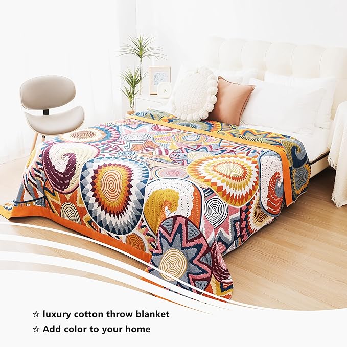 Boho Throw Blanket, 100% Organic Muslin Cotton Breathable Ultra Soft Bed Quilt Throw - All Season Floral Bird Butterfly Farmhouse Decor Blanket for Sofa Couch Chair and Gift. 80" x 90"