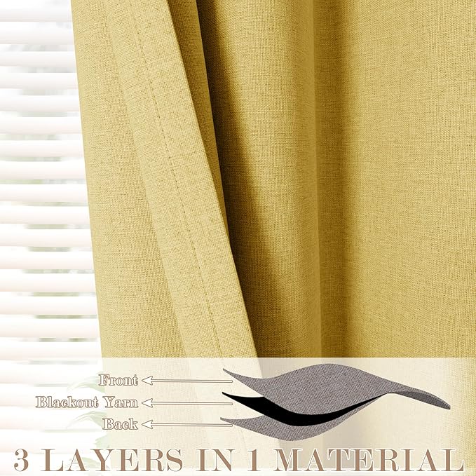 Yellow Pinch Pleat 100% Blackout Drapes Linen Blend, Room Divider, Room Darkening, Energy Saving, Furniture Protecting, Light Blocking Extra Wide Privacy Curtains, 240Wx84L, 1 PC