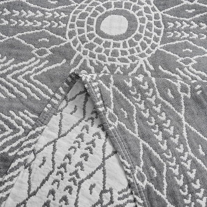 jinchan Boho 100% Cotton Muslin 50x60 Throw Blanket Lightweight 3 Layer Grey Blanket Washable Reversible Breathable Decorative Geometric Striped Patterned Gray Soft Cozy for Sofa Bed All Season Gift