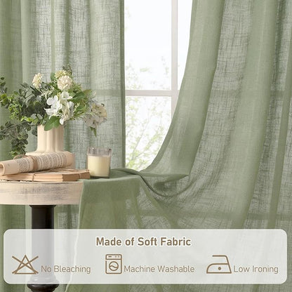 LAMIT Short Linen Window Curtains 30 inches Long 2 Panels, Sage Green Semi Sheer Light Filtering Panels Bronze Grommet Linen Textured Neutral Boho Christmas Drapes for Kitchen/Cafe, 34 x 30 Inch