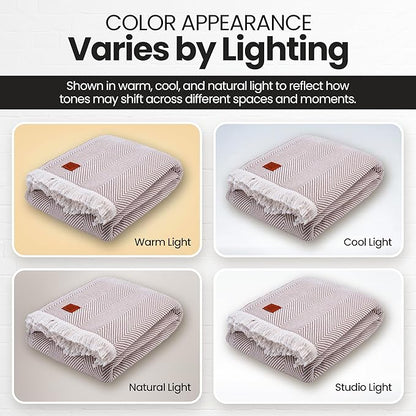 Gold Case Throw Blanket for Bed – 100% Recycled Turkish Cotton Bed Blanket – Decorative Throw Cotton Blankets for Living Room & Bedroom – Elegant Beige Woven Queen Blankets – 90x90