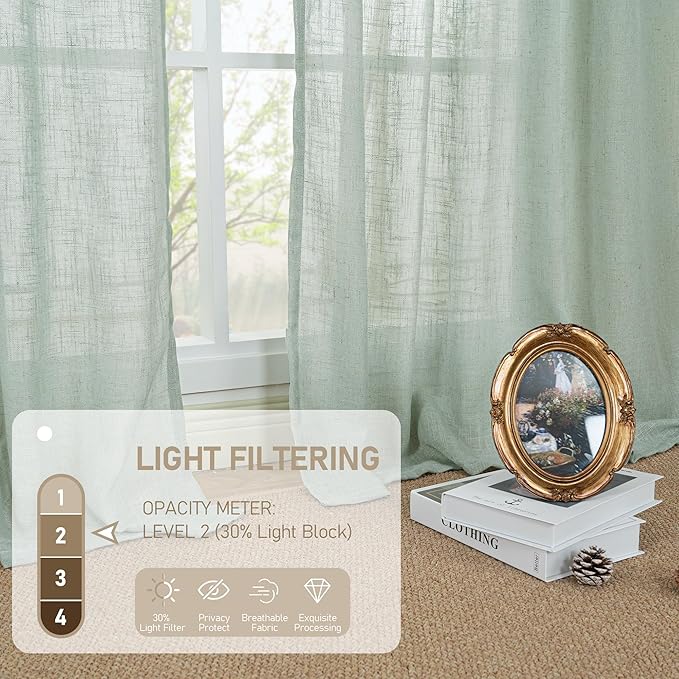 LAMIT Living Room Linen Curtains 95 Inch for Bedroom, Bronze Grommet Linen Textured Sheer Curtains Light Filtering Burlap Drapes for Farmhouse, 2 Panels, 52 x 95 Inch, Light Sage