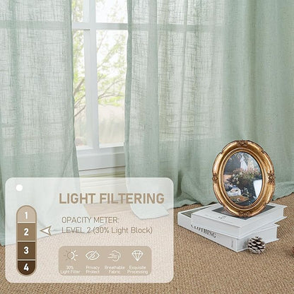 LAMIT Light Sage Linen Curtains 84 inch Length 2 Panels Set, Linen Textured Light Filtering Drapes Bronze Grommet Boho Burlap Panels for Bedroom/Living Room, 52 x 84 Inch