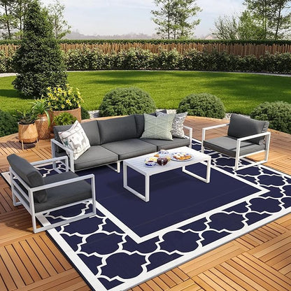 GENIMO 10 ' x 10 ' Outdoor Rug Waterproof for Patio Decor, Foldable Reversible Plastic Straw Area Rugs Mat for Camper, Outside Carpet for Rv, Deck, Porch, Picnic, Beach, Balcony, Blue & White