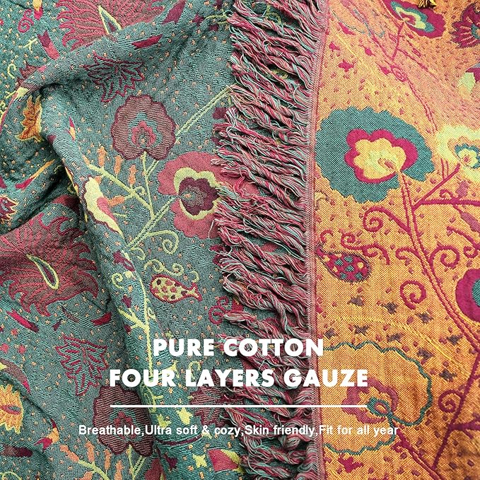 MSGKV Cotton Bed Blanket for Couch and Sofa Blankets for Living Room Bedroom Reversable Florals Throw 80"x90" Breathable Cozy Boho Blankets