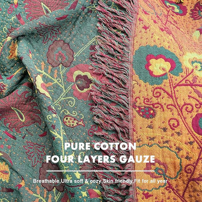 MSGKV Cotton Bed Blanket for Couch and Sofa Blankets for Living Room Bedroom Reversable Florals Throw 80"x90" Breathable Cozy Boho Blankets