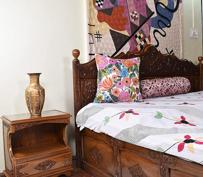 Roses Floral Pillow Cover Flower Farmhouse Chair Cushion Suzani Flowers Pillowcase Boho Florals Accent Throw Pillowsham Wool Hand Embroidered Size 18x18