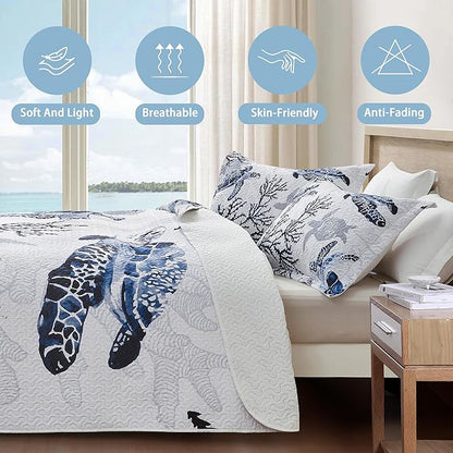 Coastal Bedding King Size Coastal Quilt with 2 Shams, Nautical Beach Comforter Sets Ocean Bedspreads Blue Seaturtle Coverlet Summer Bedding, 96''x106''