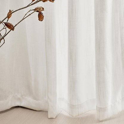 MYSKY HOME Natural Linen White Curtains 84 Inches Long, Semi Sheer Soft Cotton Window Drapes Set for Living Room Back Tab Elegant Cute Look Country Bedroom Curtains, 50" x 84", Beige, Pack-2