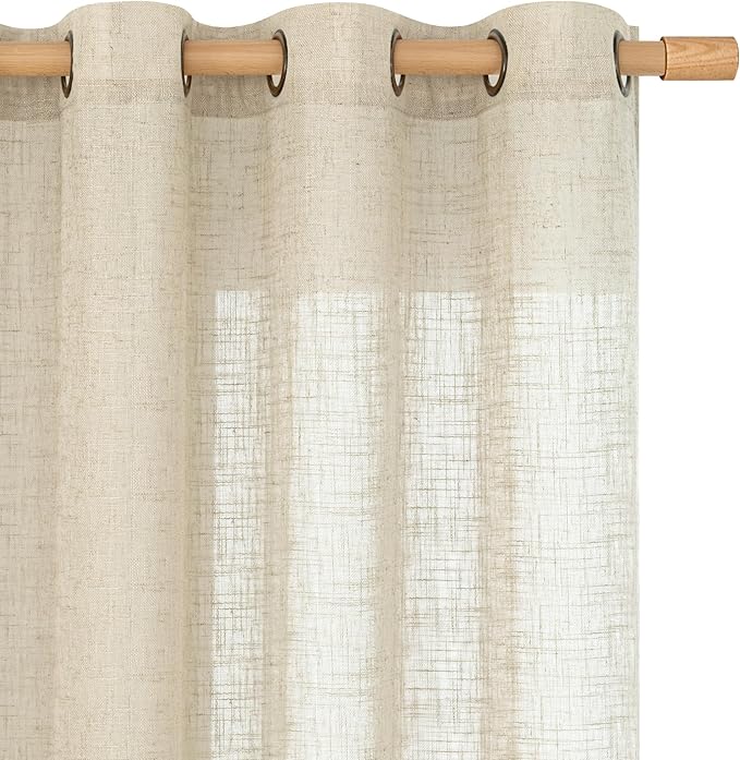 LAMIT Sheer Linen Curtains 90 inch for Living Room, Bronze Grommet Soft Thick Light Filtering Boho Window Textured Semi Sheer Drapes for Bedroom Farmhouse, 2 Panels Set, 52 x 90 Inch, Linen