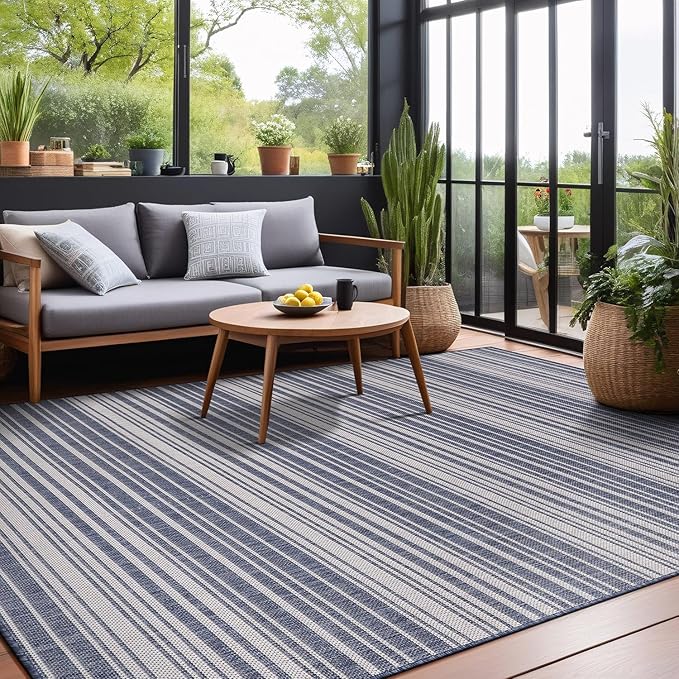 Stripe Outdoor Rug 5x7 Washable Outside Carpet for Indoor Patio Porch Waterproof Easy Cleaning Non Shedding Area Rugs Blue 5 x 7