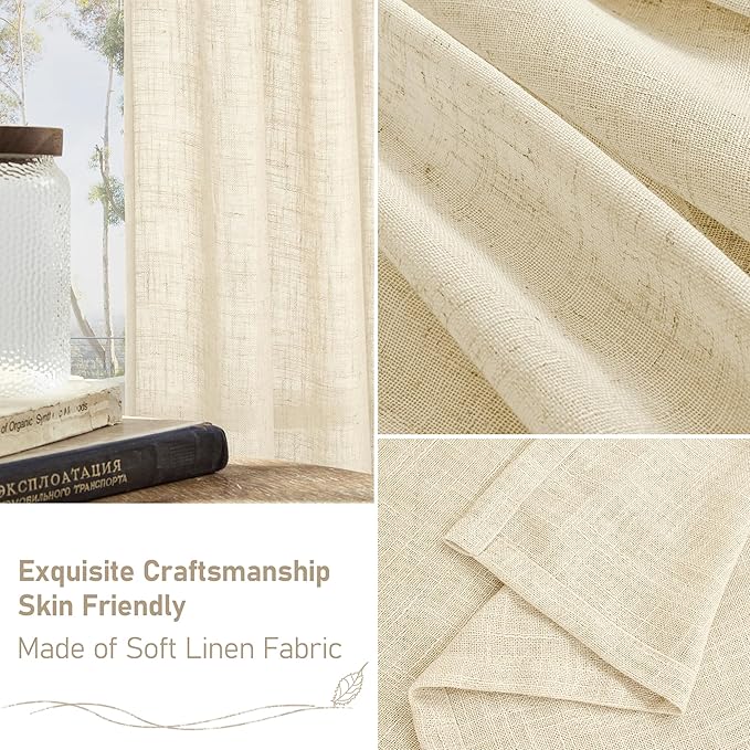 LAMIT Window Linen Curtains 45 Inch Length 2 Panels, Beige Light Filtering Panels Bronze Grommet Neutral Drapes for Bathroom/Loft Room, 34 x 45 Inch