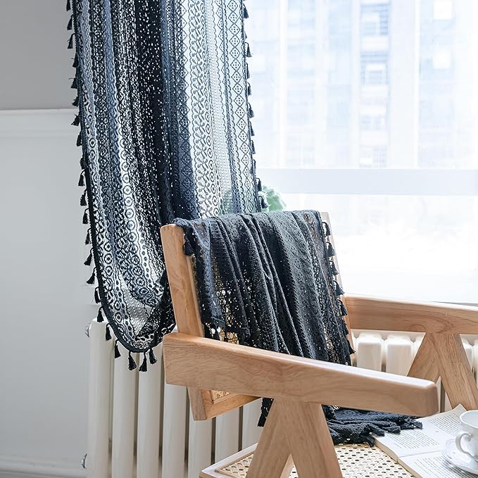 Sutuo Home Black Boho Curtain 84 Inches Length, Sheer Crochet Lace Handmade Tassels Knitted Window Treatment Vintage Rustic Bohemian Farmhouse Drape for Bedroom Rod Pocket 1 Panel 59" W x 84" L