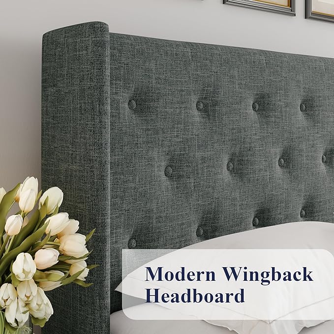 Allewie King Size Lift Up Storage Bed, Button Tufted Headboard with Wingback, Hydraulic Support, No Box Spring Needed, Dark Grey