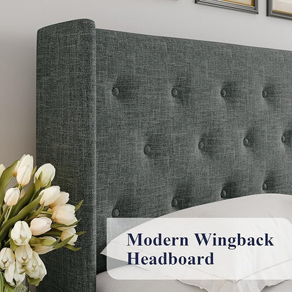 Allewie King Size Lift Up Storage Bed, Button Tufted Headboard with Wingback, Hydraulic Support, No Box Spring Needed, Dark Grey