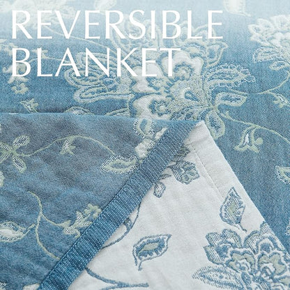 jinchan Boho 100% Cotton Muslin Twin Size 50x60 Inches Blanket Lightweight 4-Layer Quilted Soft Blue and White Floral Throw Blanket Green Accents Reversible Comfy Flower Breathable Summer Couch