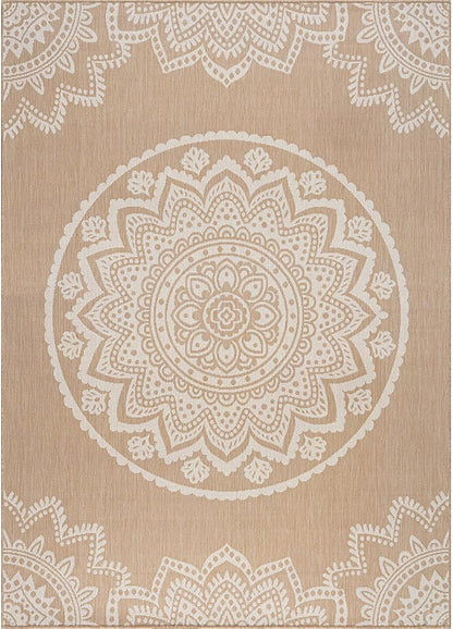 CAMILSON Outdoor Rug 5x7 Modern Area Rugs for Indoor and Outdoor Patios and Porches - Waterproof, Washable, Non-Shedding, Easy-to-Clean Outside Carpet (5 x 7, Medallion - Beige/White)