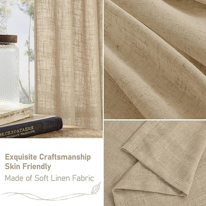 LAMIT 102 Inch Length Light Filtering Sheer Linen Curtains, Linen Textured Semi Sheer Bronze Grommet Natural Boho Drapes for Living Room/Farmhouse, 2 Panels, Brown, 52 x 102 Inch