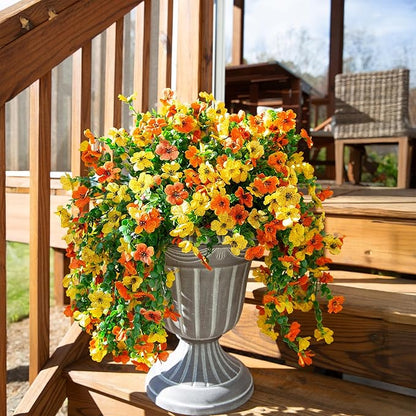 INSPRING Artificial Flowers for Outdoors Fake Mums Hanging Plants Decor, 2Pcs Silk Daisy with Eucalyptus UV Resistant Look Real Trailing Vines for Planter Front Door Patio Yard, OrangeYellow