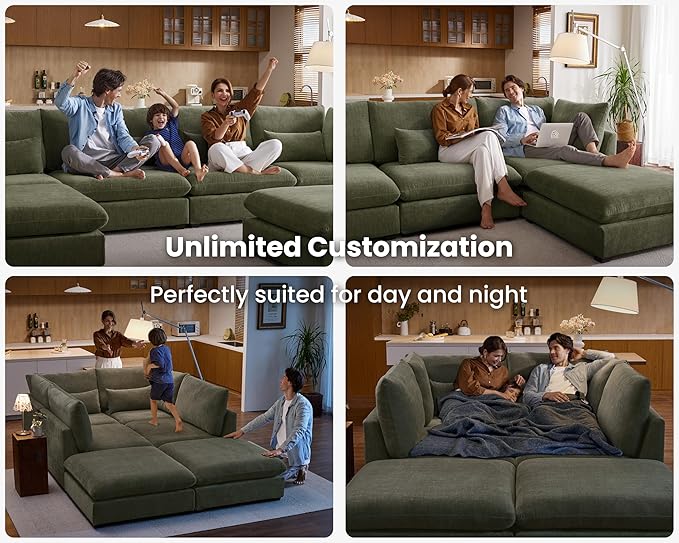 Oversized Modular Sofa, Extra Deep Cloud Chenille Sectional Couch with Ottoman Chaise, Fluffy Chenille 5 Seater Sofa Bed for Living Room, Villa (U Shape 5 Seater, Chenille Green)