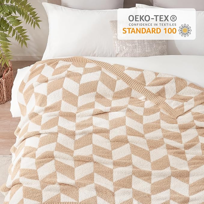 Snuggle Sac Chevron Throw Blanket for Couch, Reversible Super Soft Warm Blankets Cozy Knit Fuzzy Plush Lightweight Throws for Sofa, Bed, Camping, Beige,50x60 inches