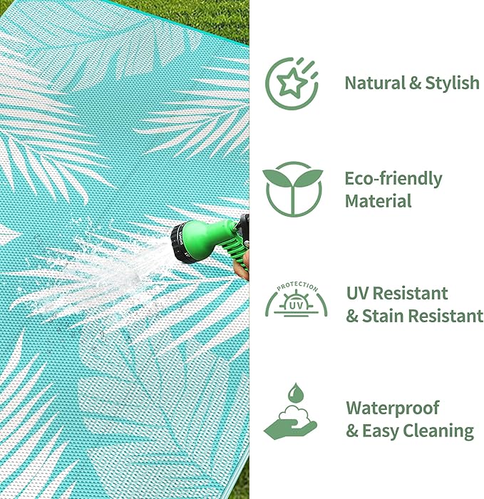 GENIMO Outdoor Rug 6' x 9' Waterproof for Patios Clearance, Reversible Outdoor Plastic Straw Camping Rug Carpet, Large Area Rugs Mats for RV, Camper, Deck, Balcony, Porch, Beach, Aqua Blue&White