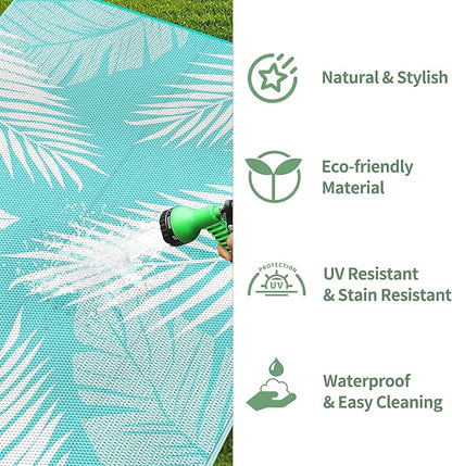 GENIMO Outdoor Rug 9' x 12' Waterproof for Patios Clearance, Reversible Outdoor Plastic Straw Camping Rug Carpet, Large Area Rugs Mats for RV, Camper, Deck, Balcony, Porch, Beach, Aqua Blue&White