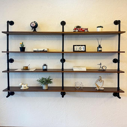 Industrial Pipe Wall Shelves With Real Wood Plank, 70 Inches Floating Shelves for Wall, 4 Tier Farmhouse Book Shelves, Dark Brown for Kitchen, Living Room Decor and Bar