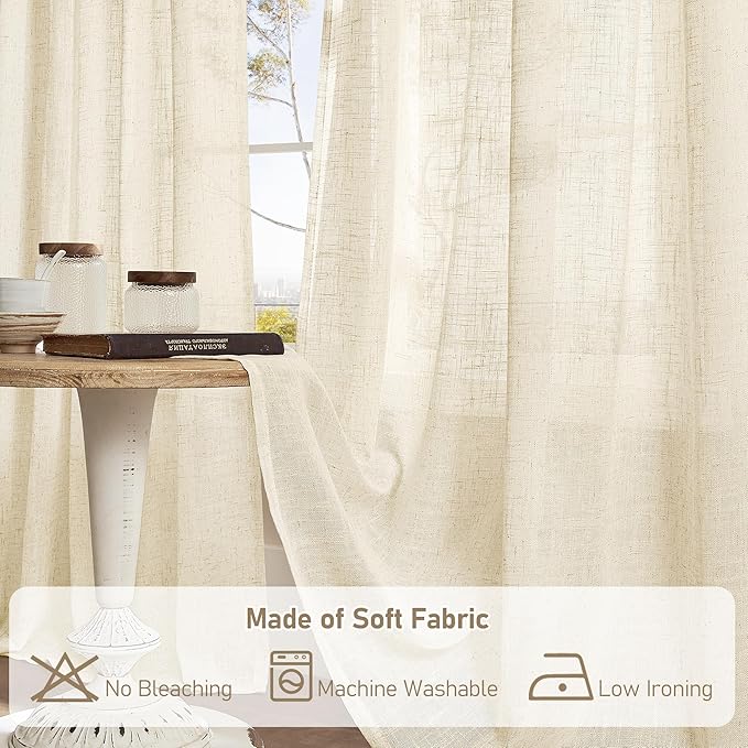 LAMIT Window Linen Curtains 45 Inch Length 2 Panels, Beige Light Filtering Panels Bronze Grommet Neutral Drapes for Bathroom/Loft Room, 34 x 45 Inch