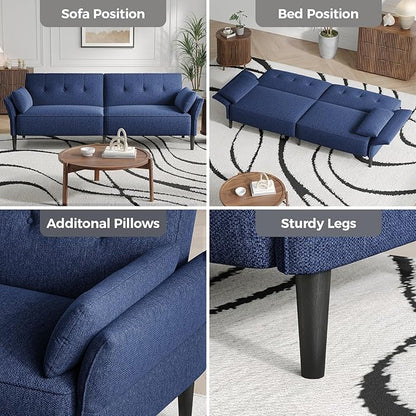 89” Futon Sofa Bed, Linen Comfy Futon Couch Bed with 2 Square Pillows, Convertible Sleeper Sofa with Adjustable Backrest& Armrests, Modern Loveseat Sleeper for Living Room, Bedroom, Blue