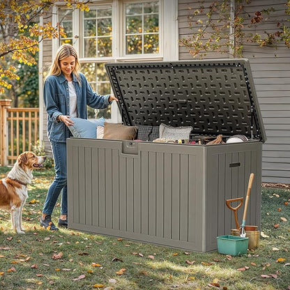 YITAHOME 200 Gallon Extra Large Deck Box, Double-Wall Resin Outdoor Storage Box with Flexible Divider for Patio Cushions Pool Supplies Garden Tools, 990 lbs Load Capacity, Lockable (Light Brown)