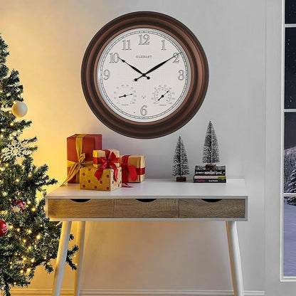 CLXEAST 24 Inch Illuminated in/Outdoor Lighted Atomic Analog Wall Clock with Thermometer & Hygrometer, Oversized Large Waterproof Wall Clocks for Living Room Decor,Bronze Finish