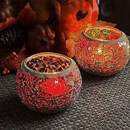 SHMILMH Mosaic Glass Candle Holder Set of 4, Votive Candle Holders Handmade Cracked Tealight Holders for Fall Christmas Diwali Home Decorations, Diwali Gift