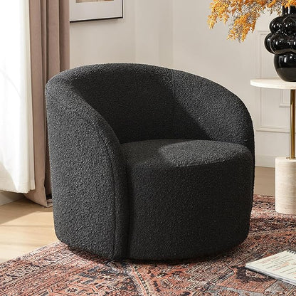 KINWELL 34" W Mid Century Modern Swivel Barrel Chair, Round Upholstered Boucle Swivel Accent Chairs, No Assembly Sofa Chair for Living Room Bedroom Reading Apartment Lounge Nursery(Black)