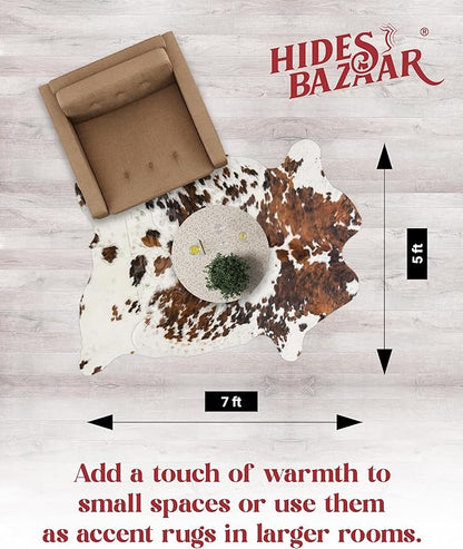 Natural Cowhide Rug for Home & Office Premium Light Tricolor Cowhide Rug with Mixed Brown, Black & White Patterns - Cow Hide Rugs Made with Tanned Leather - Cow Hide Rugs 5x7 ft