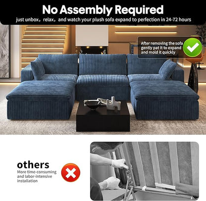 118" U Shaped Modern Sofa Modular Sectional Cloud Couch with 2 Ottoman,Upholstered Couches with Plush Corduroy Fabric for Living Room Furniture,Bedroom and Apartment,No Assembly Required,Blue