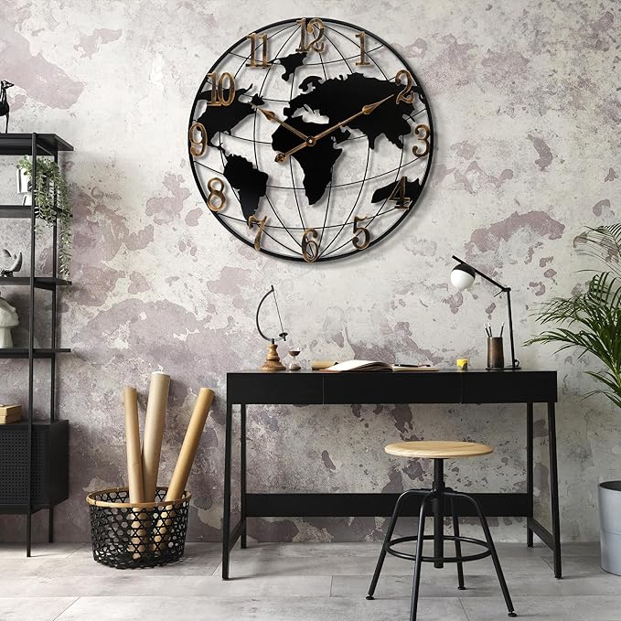 Large Round Metal World Map Clock - 16 Inch Minimalist Modern Silent Non-Ticking Battery Operated Wall Clock for Living Room, Kitchen, Office, Farmhouse Home Decor