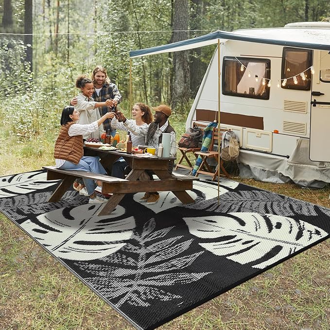 GAOMON Waterproof Plastic Straw Rug 9x12 Outdoor Rug for Patio, Reversible Modern Camping Mat with Bag & Stakes, UV Resistant & Easy to Clean Outdoor Carpet for RV, Deck, Balcony, Beige