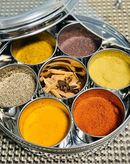 spice dabba Stainless Steel Indian Spice Box, Steel Masala Dabba, Double Lid Spice Container | Gift for Chefs | Size 8x8x2 In (Spice Box Only)