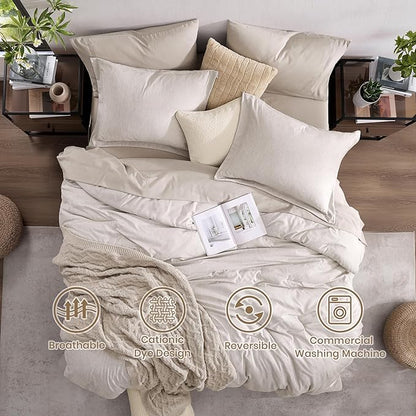 Monbix King Size Comforter Set, Oatmeal Cationic Dyeing Bed Set Reversible, King Size Comforter Set 7 Pieces Bed in a Bag with Comforter, Sheets, Pillowcases & Shams