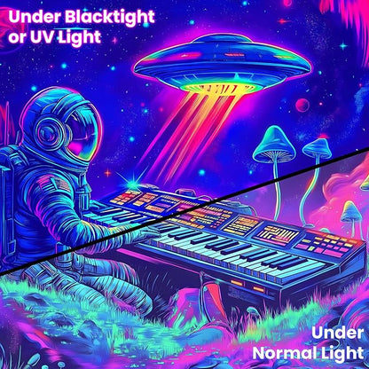 BVBOX Astronaut Space Blacklight Tapestry 79"x59", UV Reactive Astronaut Electronic Piano UFO Galaxy Planet Glow in Dark Music Tapestries, Black Light Neon Upright Poster Wall Hanging Backdrop Decor for Bedroom Living Room