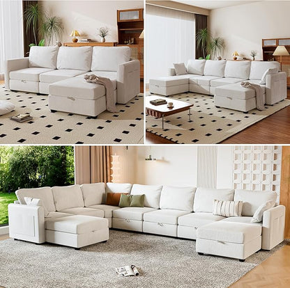 mestyl Modular Sectional Sofa Convertible U Shaped Sofa Couch Set with Storage for Living Room, Modern 3 Seater Modular Sectional Couch with 2 Movable Ottoman (Beige)
